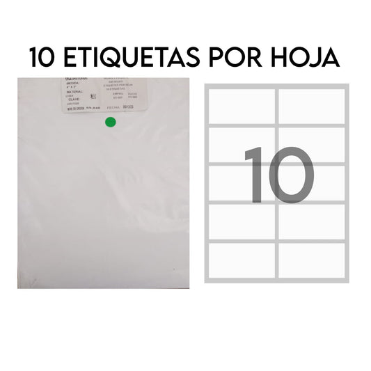 Etiquetas Laser Ink-Jet 4''x 2'' - Paquete de 100 Hojas Adhesivas (10 por hoja)