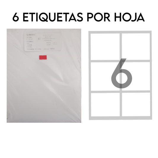 Etiquetas Laser Ink-Jet 4''x 3 1/3'' - Paquete 100 Hojas Adhesivas (6 por hoja)